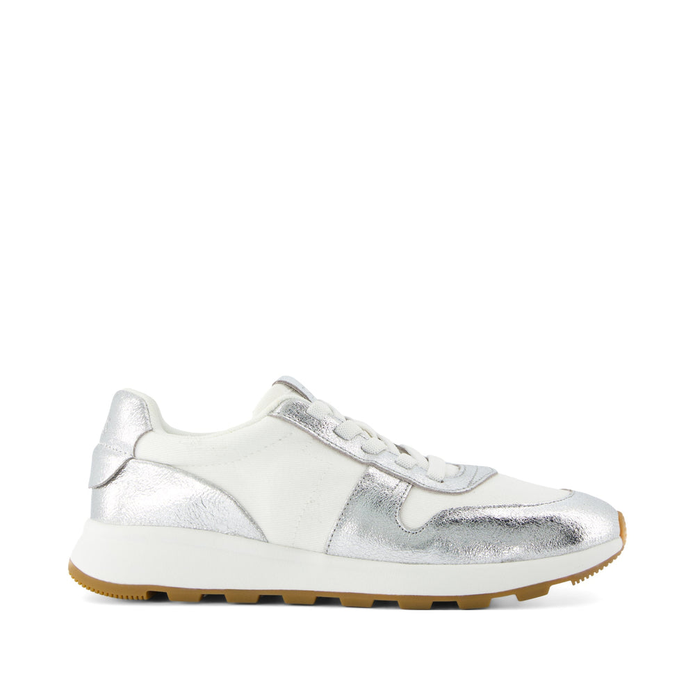 TRVL LITE Retro Runner Water Repellent Silver Crinkle Metallic Leather and Vintage Twill Sneaker
