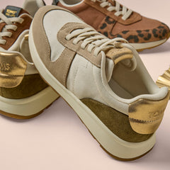 TRVL LITE Retro Runner Sneaker Water Repellent Oatmeal Suede with Metallic Leather