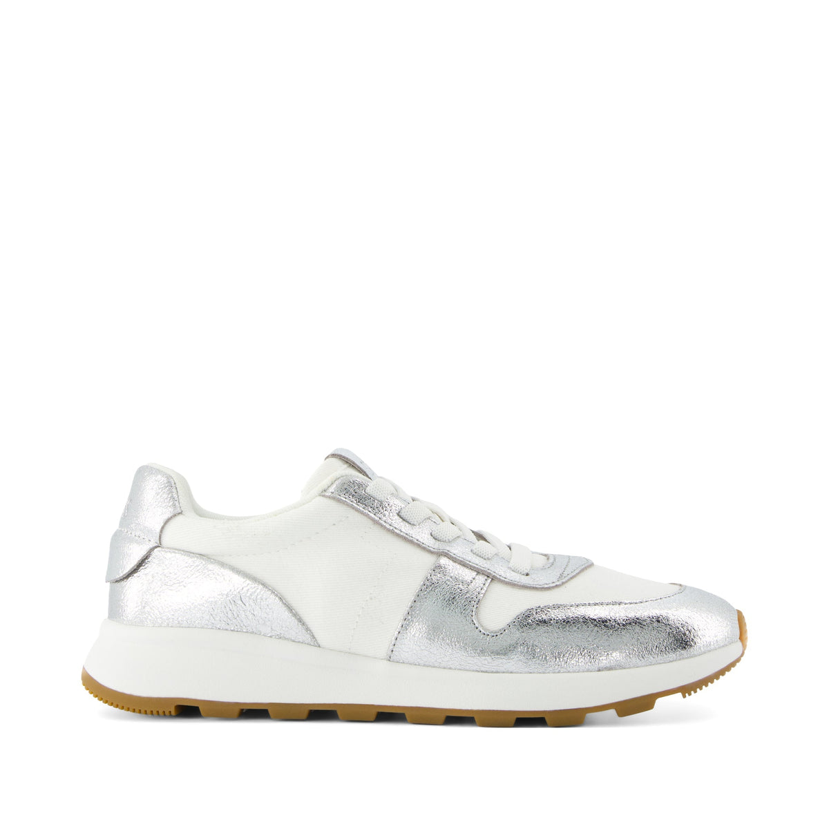 TRVL LITE Retro Runner Water Repellent Silver Crinkle Metallic Leather and Vintage Twill Sneaker