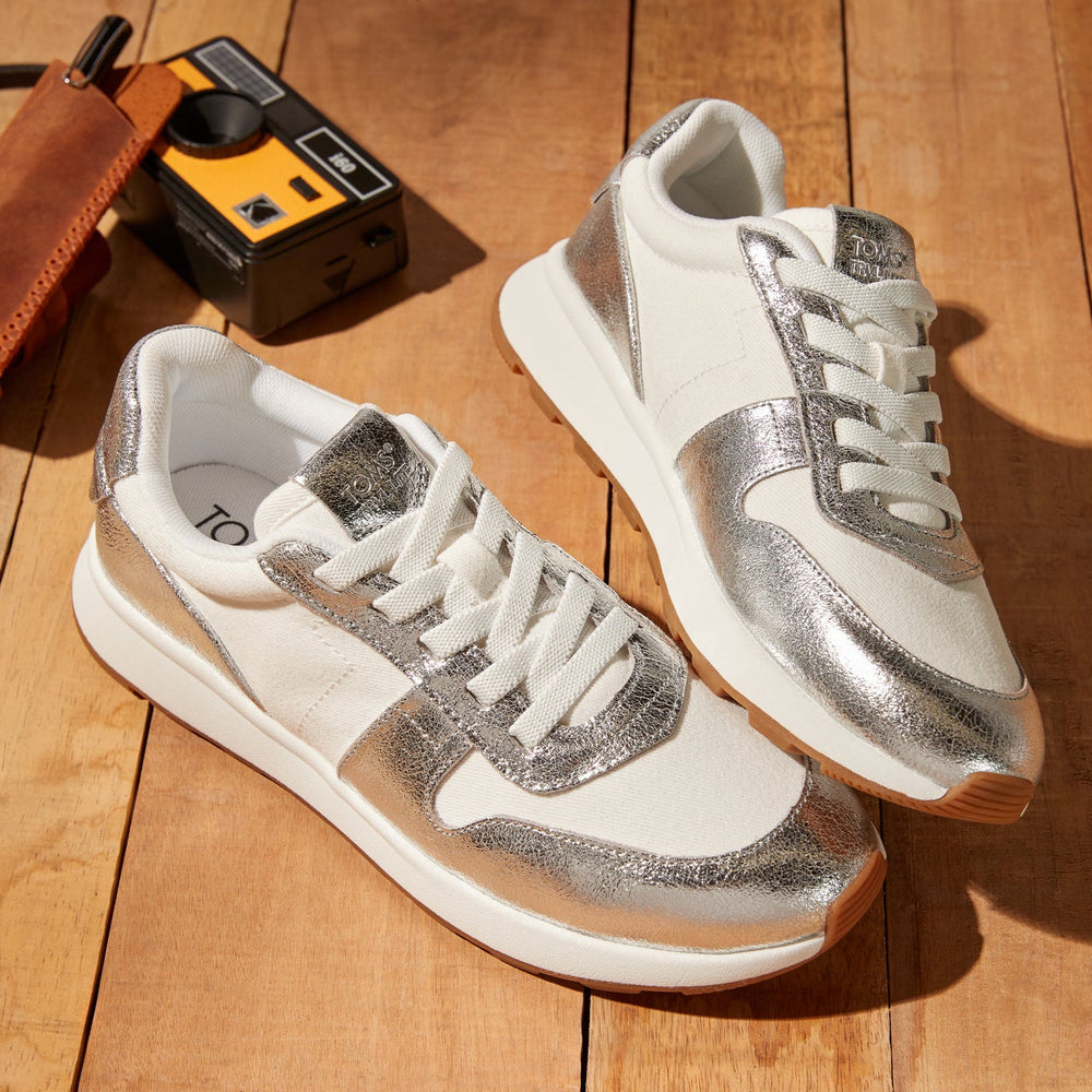 TRVL LITE Retro Runner Water Repellent Silver Crinkle Metallic Leather and Vintage Twill Sneaker