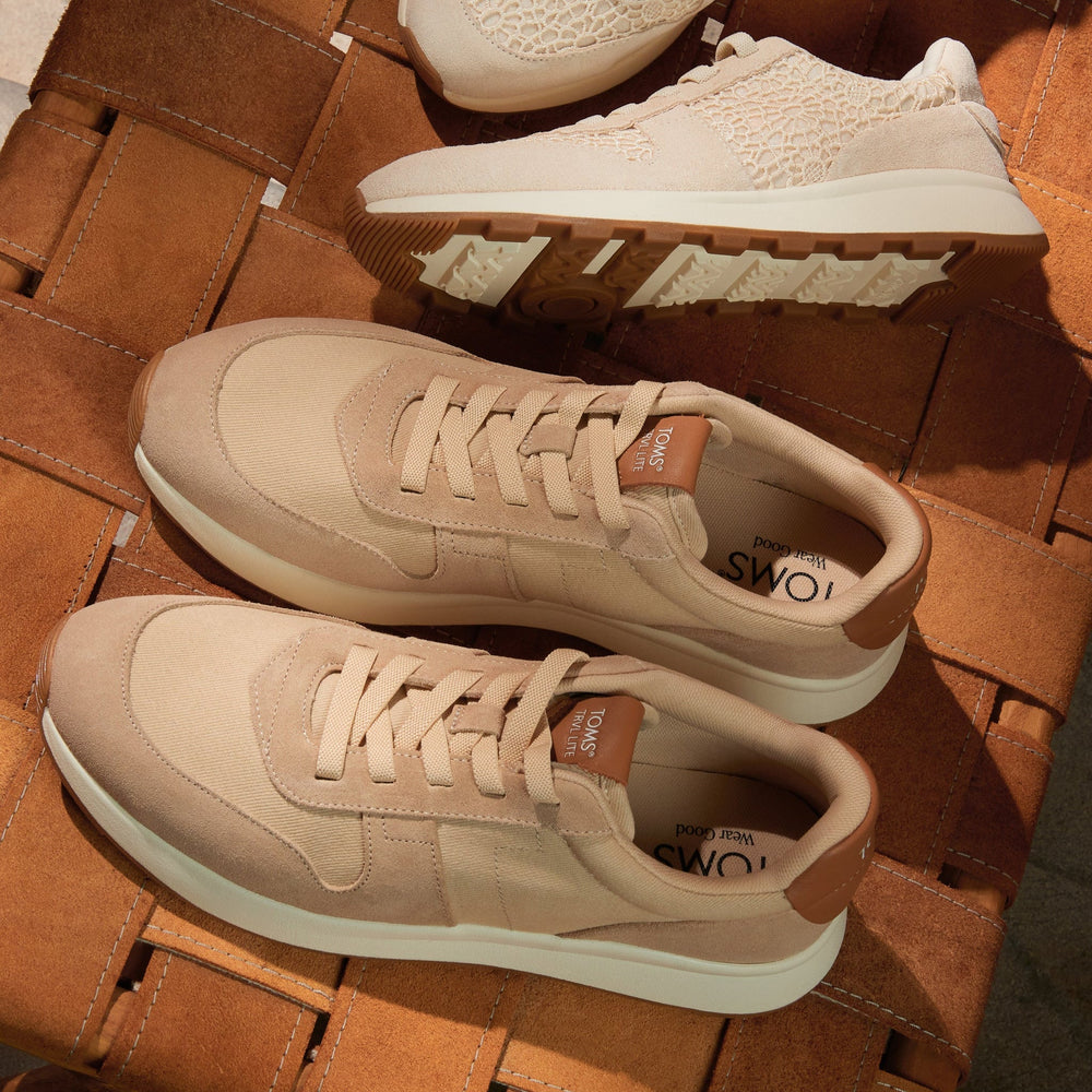 TRVL LITE Retro Runner Water Repellent Almond Twill and Leather Sneaker