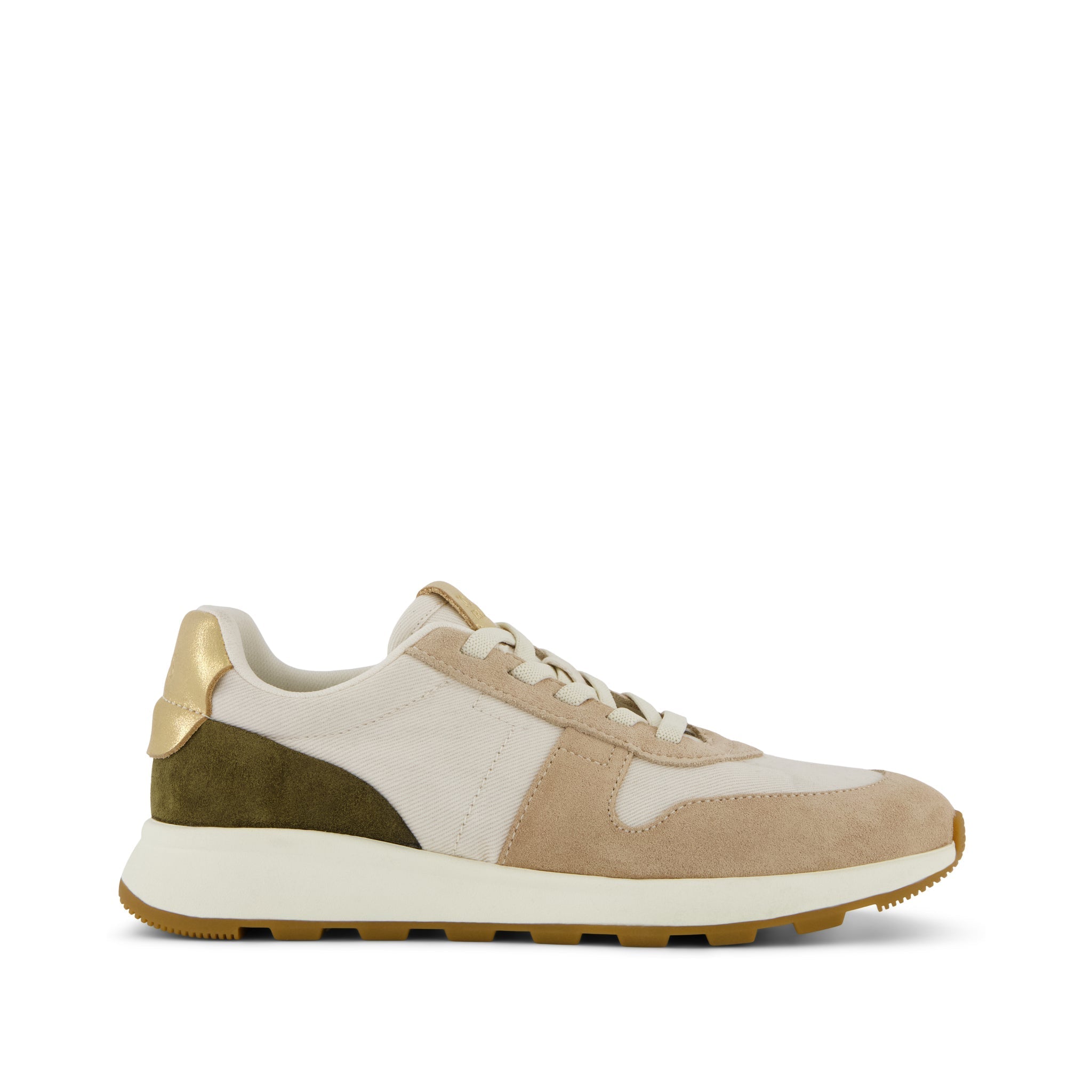 TRVL LITE Retro Runner Sneaker Water Repellent Oatmeal Suede with Metallic Leather