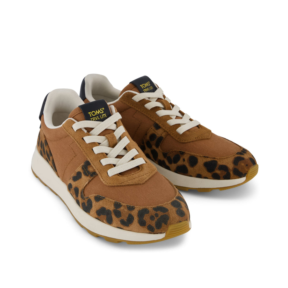 TRVL LITE Retro Runner Sneaker Water Repellent Brown Sugar Leopard Print Suede