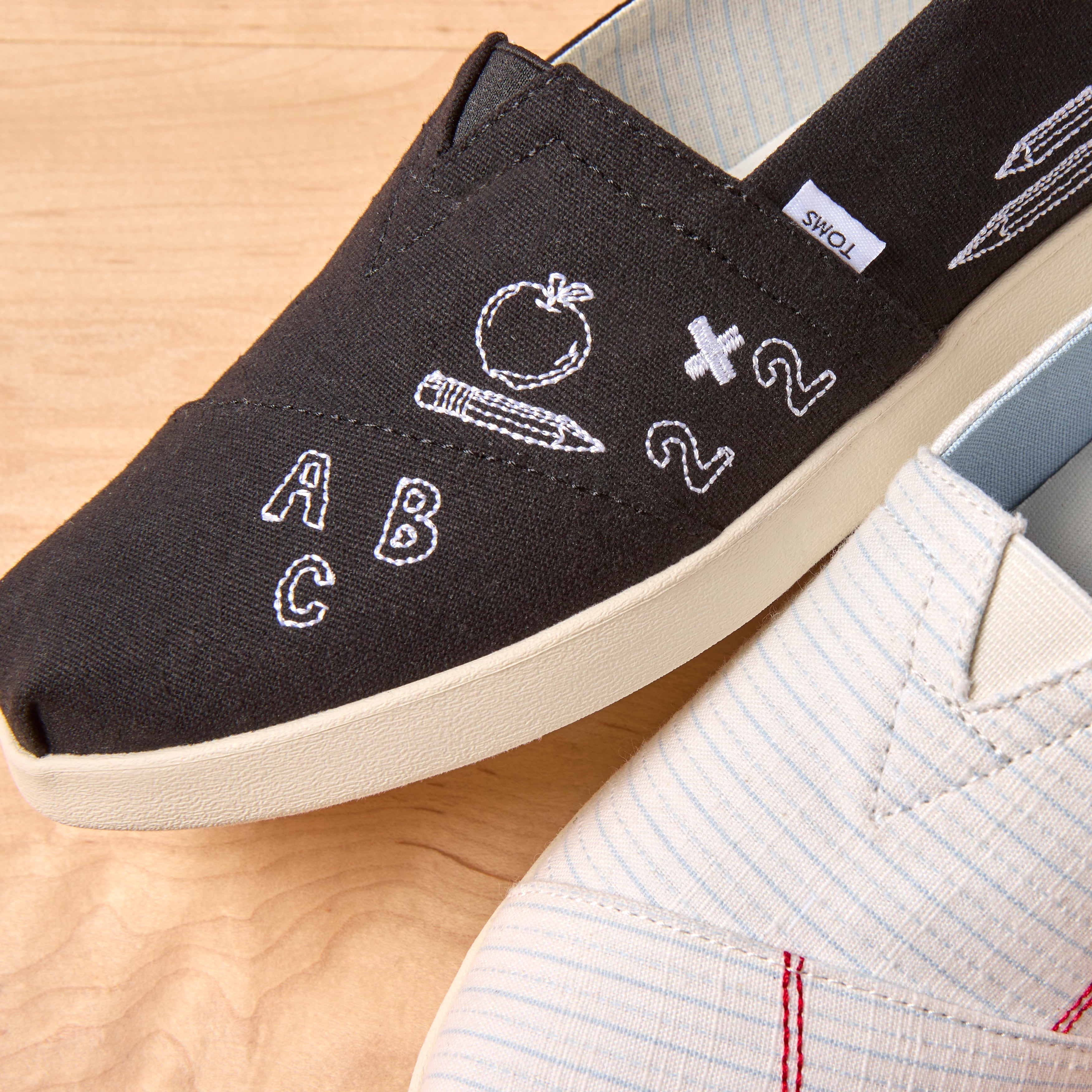 Alpargata Plus Black Slub Woven with Back To School Doodle Embroidery