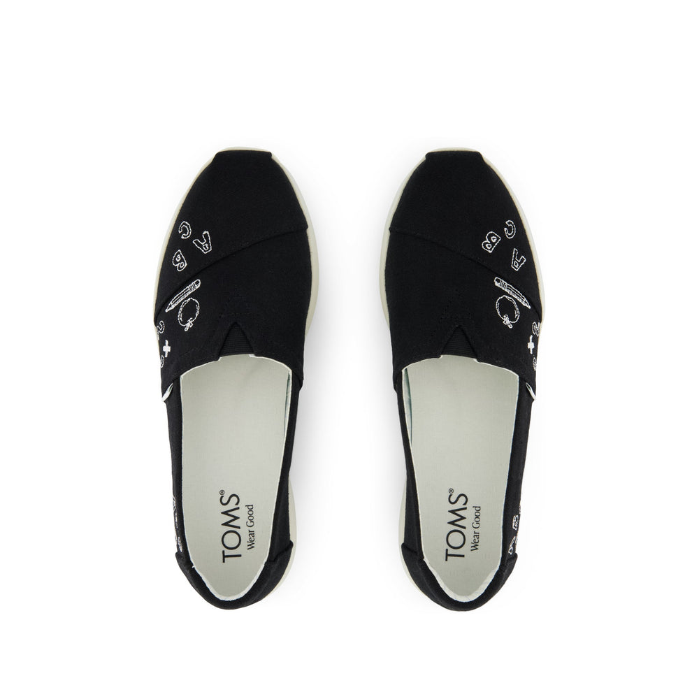 Alpargata Plus Black Slub Woven with Back To School Doodle Embroidery
