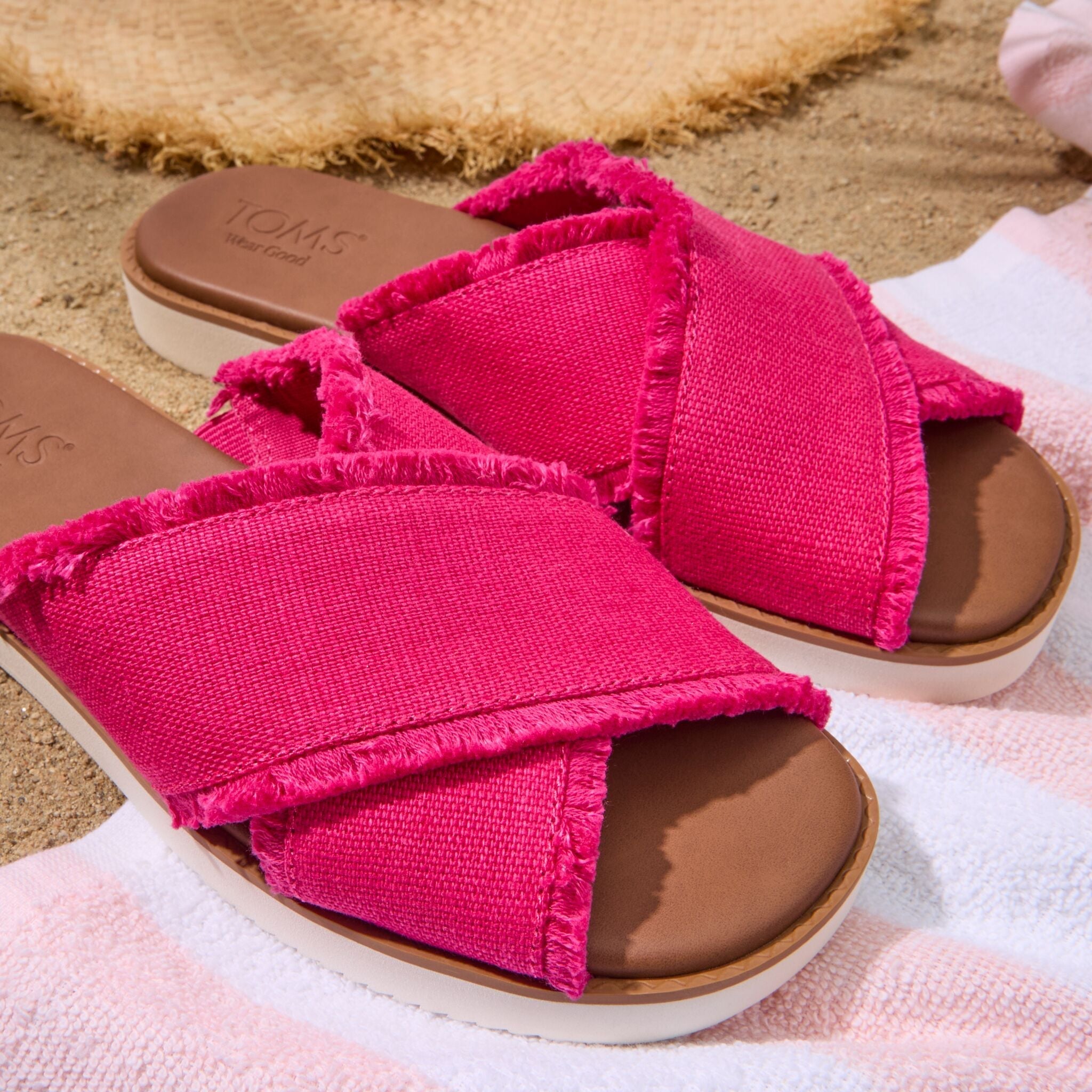 Mae Crossover Slide Sandal Fuchsia Heritage Canvas Fray
