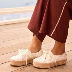 Valencia Lace-Up Platform Espadrille Egret Floral Crochet