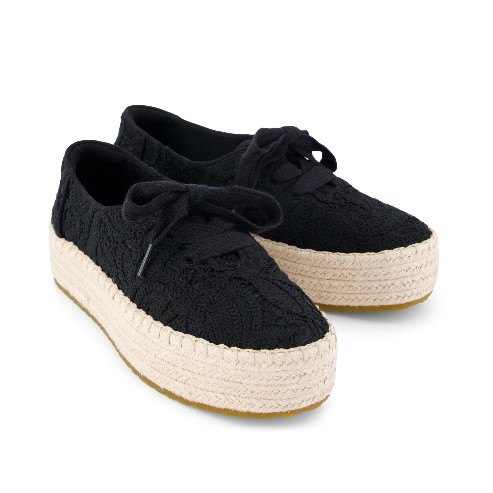 Valencia Lace-Up Platform Espadrille Black Floral Crochet